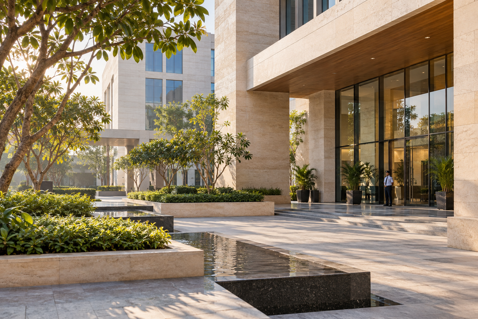 Illustrative landscaped commercial grounds and planted areas