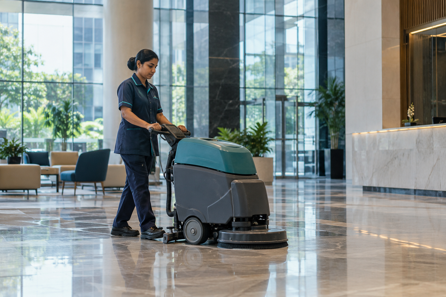 Illustrative housekeeping professional using floor-cleaning equipment