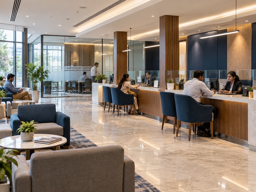 Illustrative modern bank branch interior with teller counters and customer seating
