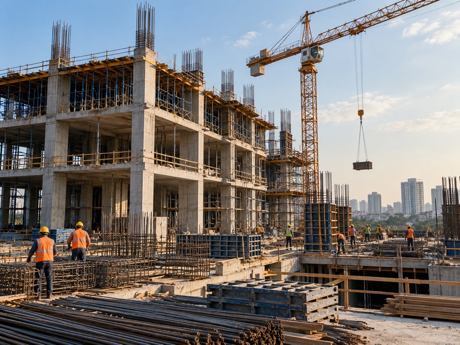Illustrative active building construction site with concrete structural frame, crane and workers in hard hats at a distance