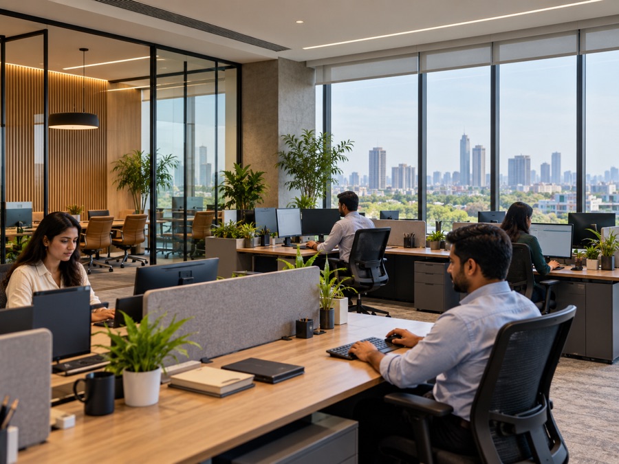 Illustrative modern Indian corporate office interior, desks, monitors and large windows