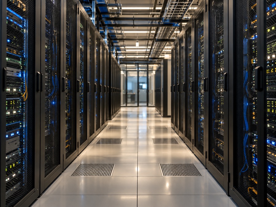 Illustrative data centre aisle with server racks on both sides and subtle indicator lights
