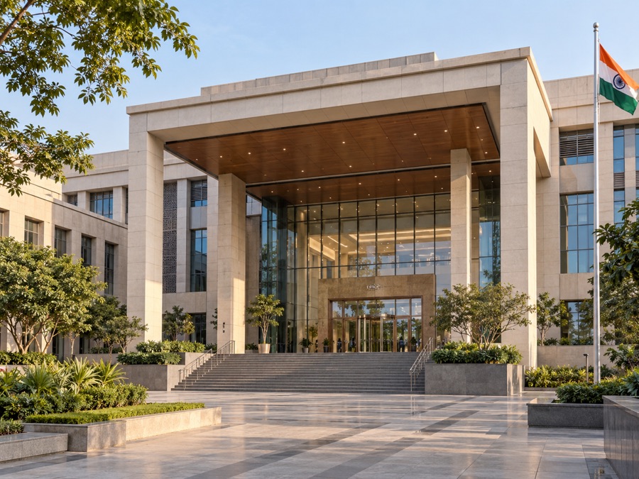 Illustrative contemporary Indian civic administration office building exterior with broad public entrance