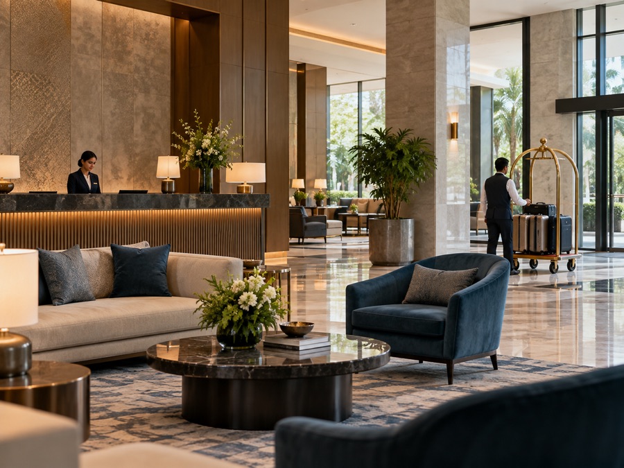 Illustrative elegant contemporary hotel lobby with reception, lounge seating and luggage trolley