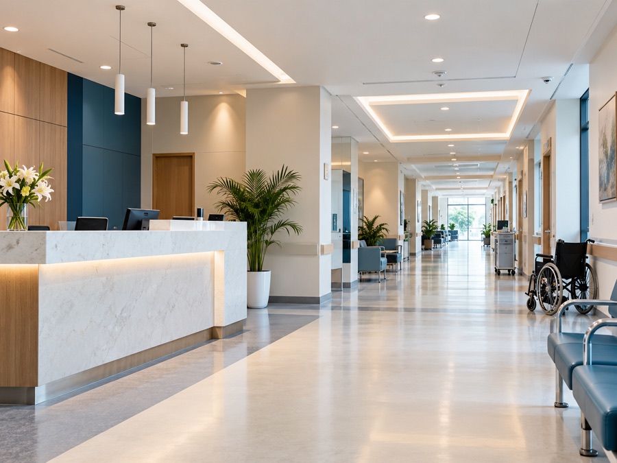 Illustrative modern hospital reception and corridor, clean white interior, reception desk and a discreet wheelchair