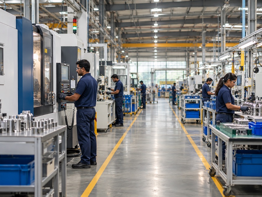 Illustrative modern orderly manufacturing factory floor with industrial machinery and assembly stations