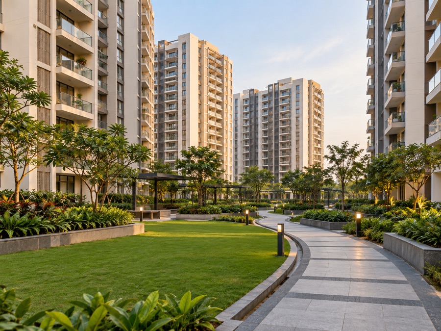 Illustrative well-maintained Indian residential apartment community courtyard with several apartment towers and landscaped walkway