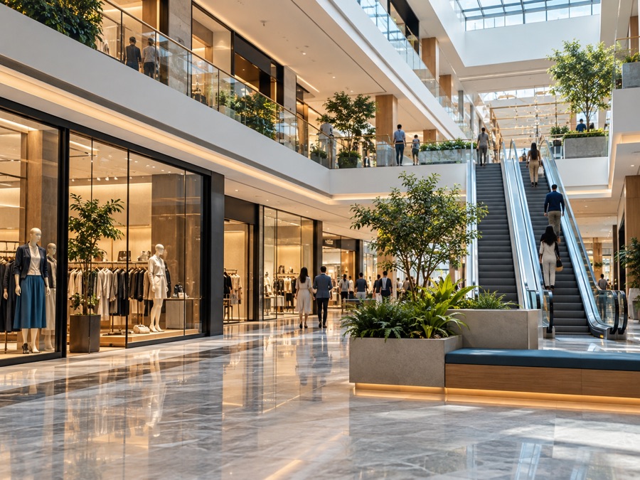 Illustrative bright contemporary shopping mall atrium with shopfronts and escalators