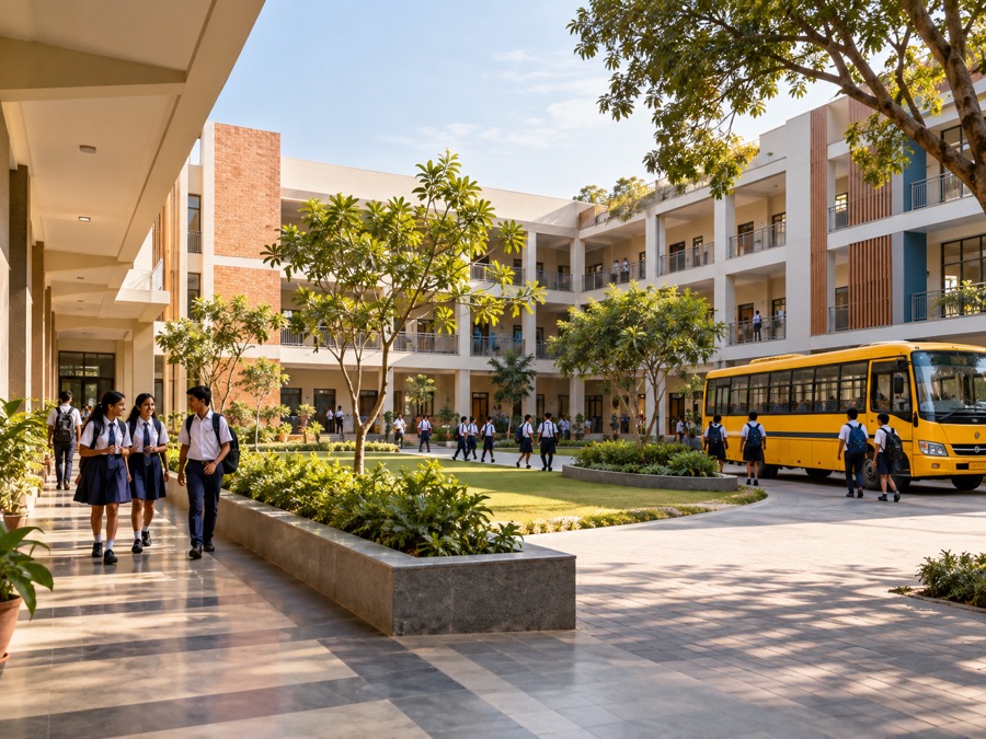 Illustrative welcoming Indian school campus with classrooms around a courtyard and a yellow school bus