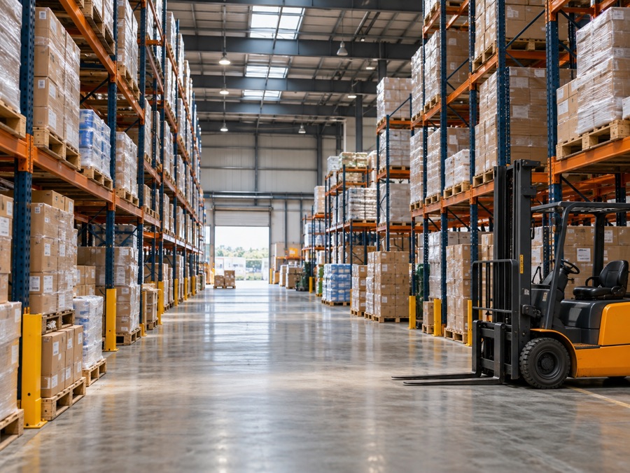 Illustrative large warehouse interior with high pallet racks, packaged goods and a parked forklift